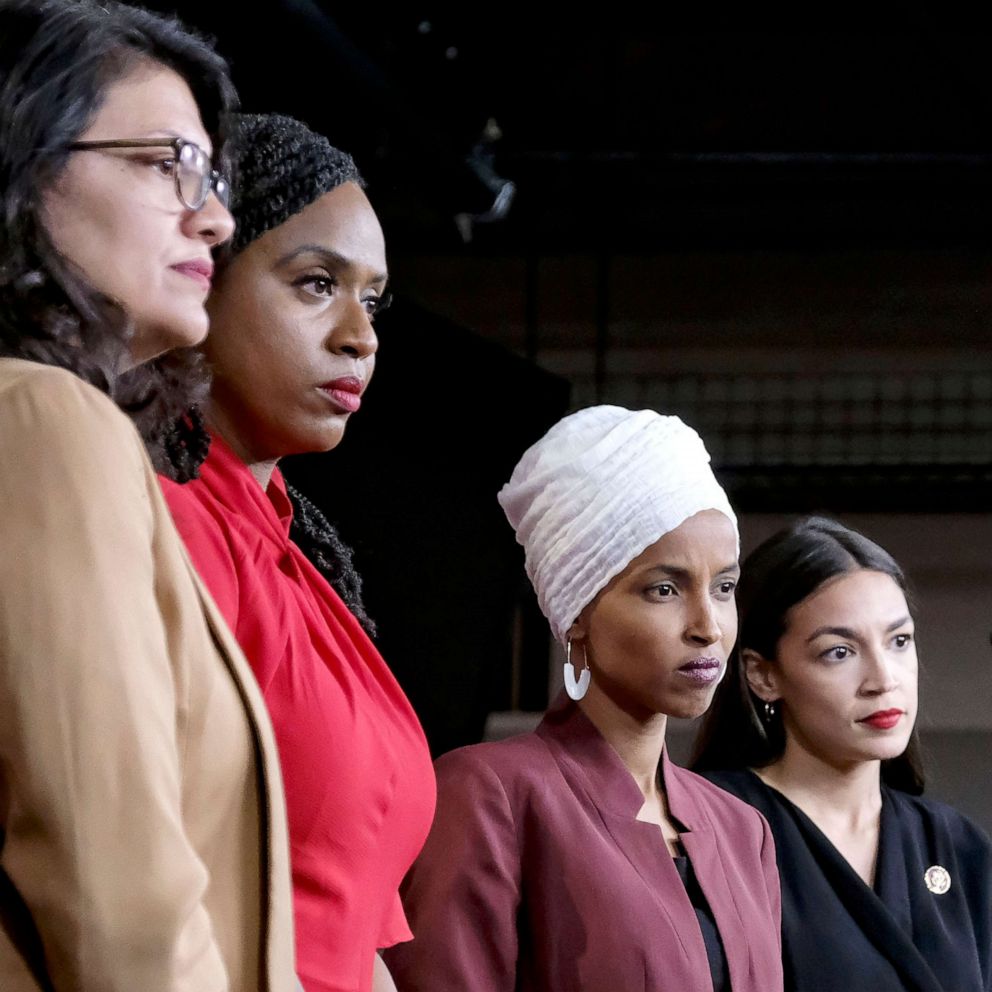 PHOTO: Reps. Rashida Tlaib, Ayanna Pressley, Ilhan Omar, and Alexandria Ocasio-Cortez (D-NY) conduct a press conference at the Capitol on July 15, 2019.