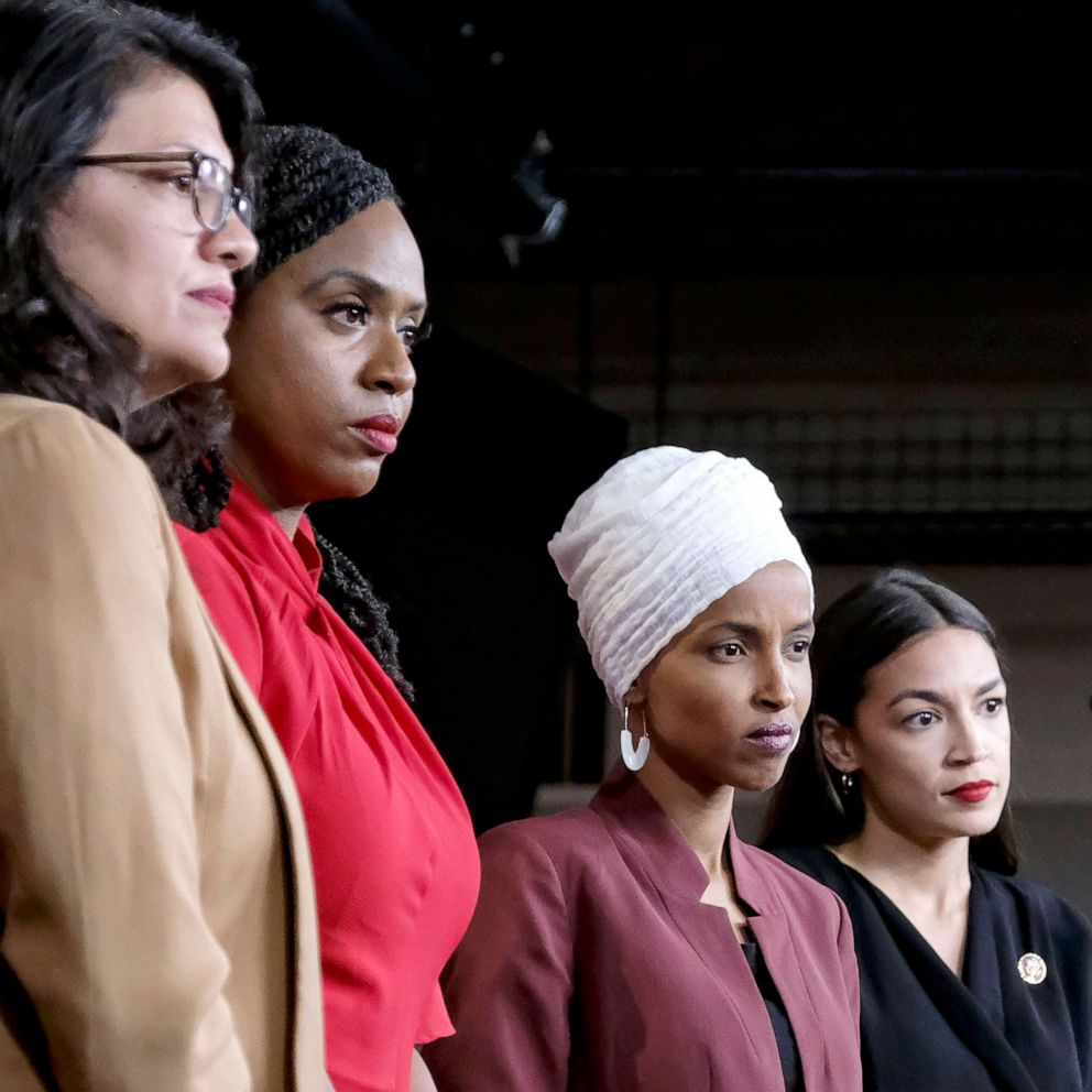 PHOTO: Reps. Rashida Tlaib, Ayanna Pressley, Ilhan Omar, and Alexandria Ocasio-Cortez conduct a press conference at the Capitol in Washington, July 15, 2019.