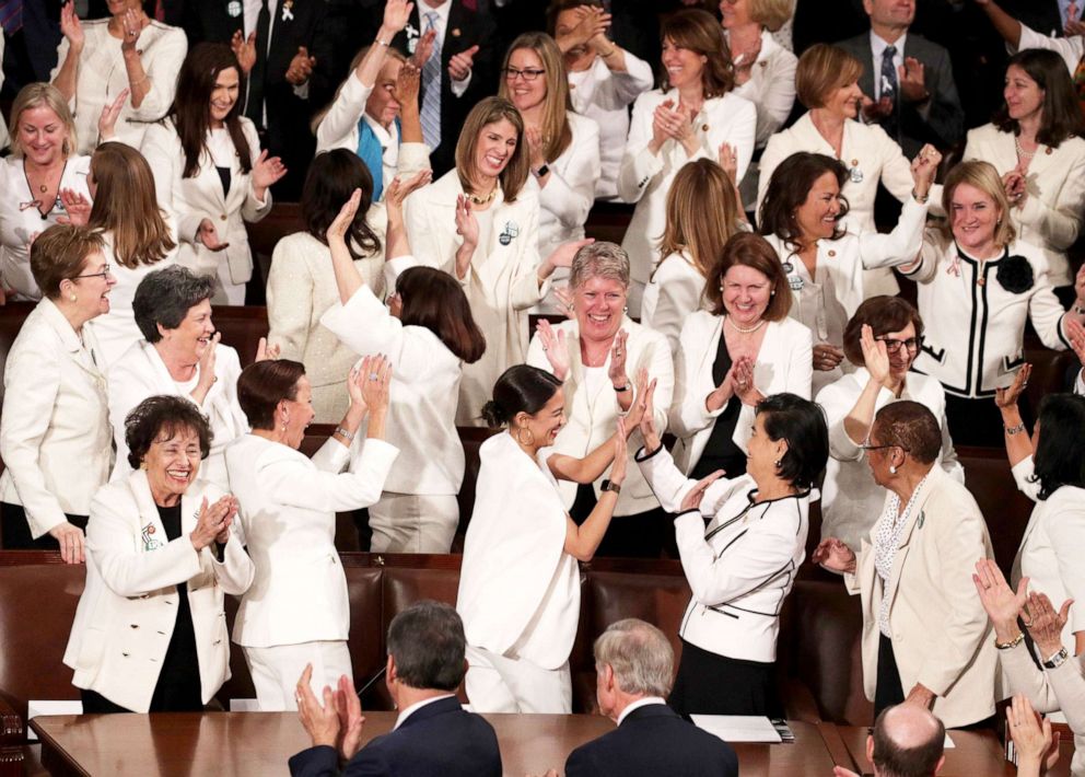 PHOTO: Female lawmakers cheer during President Trump's State of the Union address in the chamber of the U.S. House of Representatives in the Capitol, Feb. 5, 2019. 