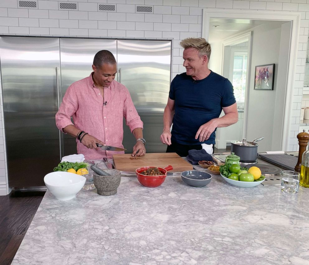 PHOTO: TJ Holmes chops dates with Gordon Ramsay for a Moroccan-inspired dish.