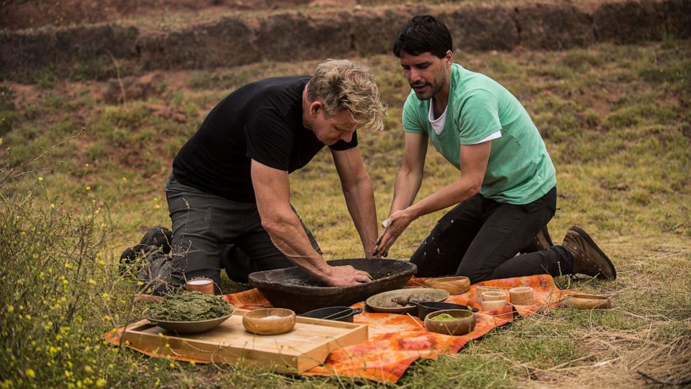 PHOTO: Gordon Ramsay and Peruvian chef and restaurateur, Virgilio Martinez, during the cook-off in Peru's Sacred Valley.