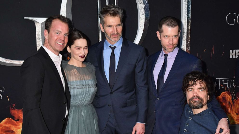 PHOTO: Emilia Clarke, David Benioff, D.B Weiss and Peter Dinklage attend the "Game Of Thrones" Season 8 NY Premiere on April 3, 2019 in New York City.