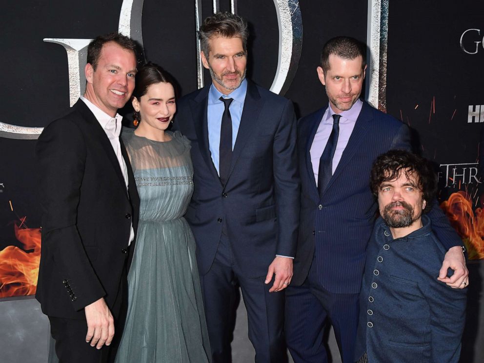 PHOTO: Emilia Clarke, David Benioff, D.B Weiss and Peter Dinklage attend the "Game Of Thrones" Season 8 NY Premiere on April 3, 2019 in New York City.