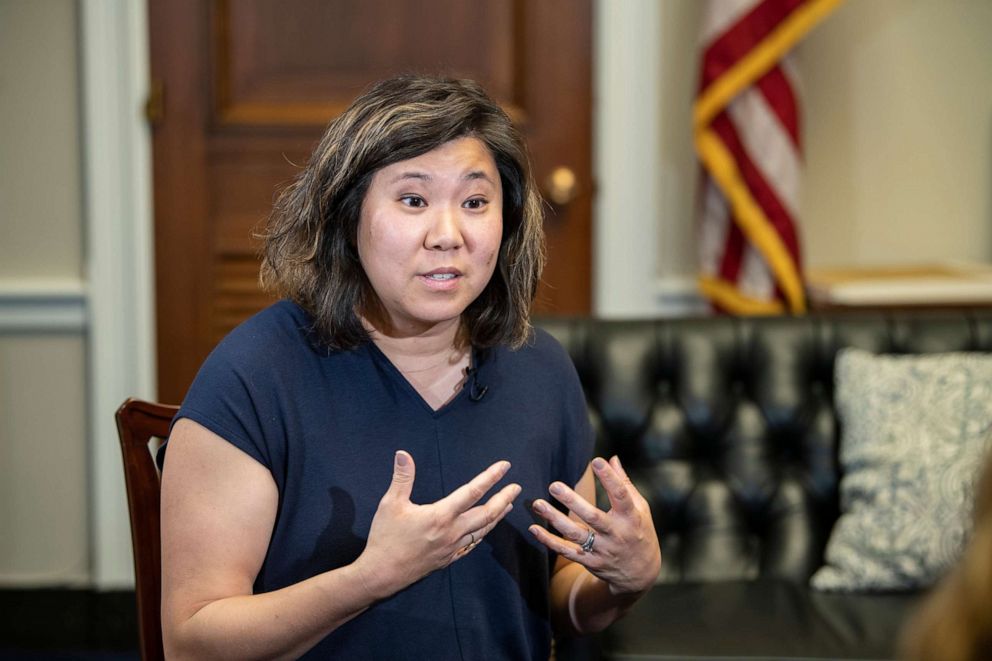 PHOTO: Rep. Grace Meng talks to the press from her office in Washington on May 16, 2019.