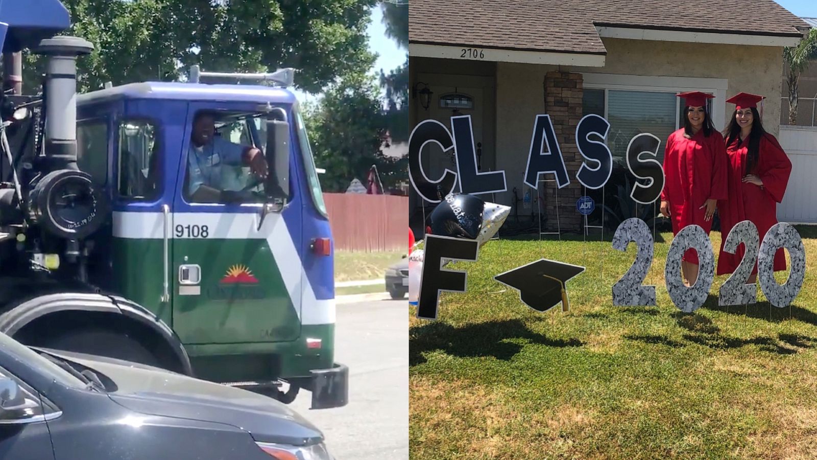 PHOTO: Bruce Johnson stops to sing congratulations to high school graduates Jule Gutierrez and Jada Rancharan as they took pictures in their front yard amidst the coronavirus pandemic.