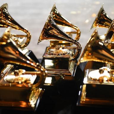 PHOTO: Grammy trophies sit in the press room during the 60th Annual Grammy Awards, Jan. 28, 2018, in New York.