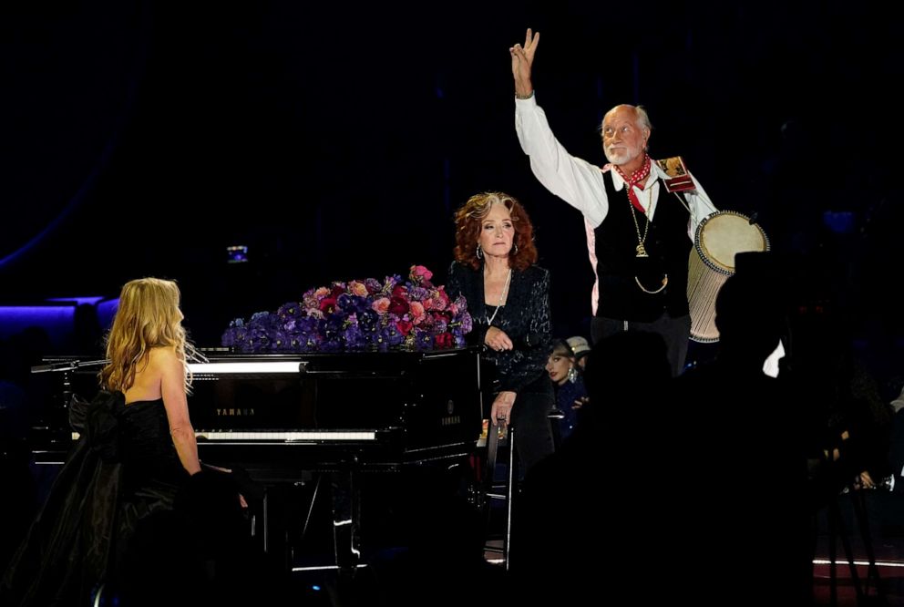 PHOTO: Sheryl Crow, from left, Bonnie Raitt and Mick Fleetwood perform "Songbird" during a tribute to the late singer Christine McVie at the 65th annual Grammy Awards,Feb. 5, 2023, in Los Angeles.