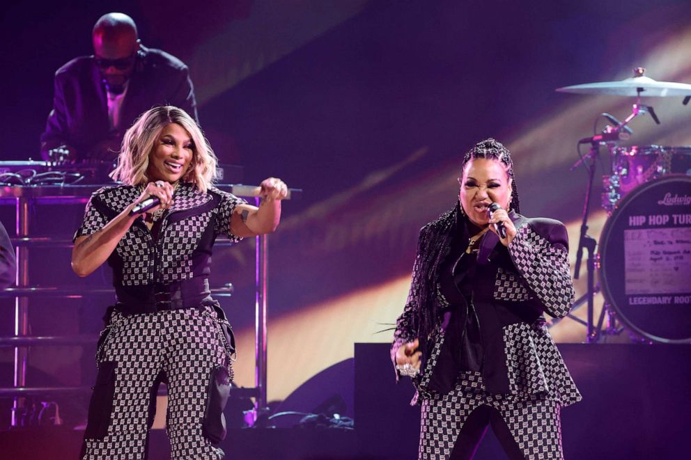 PHOTO: Sandra Denton and Cheryl James of Salt-N-Pepa perform onstage during the 65th GRAMMY Awards at Crypto.com Arena on Feb.5, 2023 in Los Angeles.