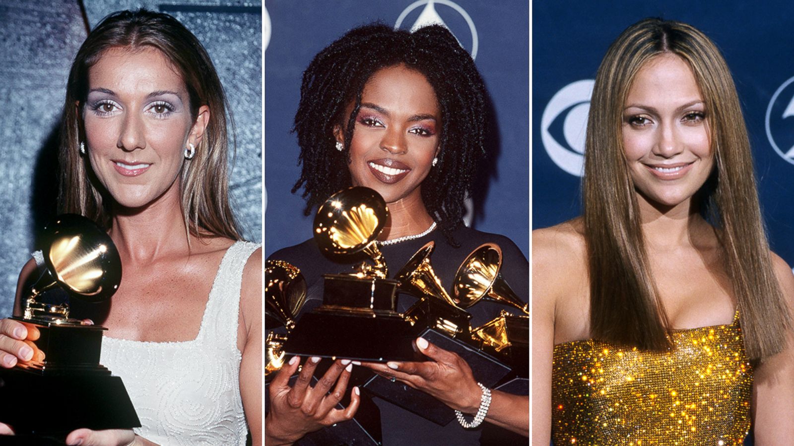 PHOTO: Celine Dion, left, Lauryn Hill and Jennifer Lopez attend the 41st annual Grammy awards, Feb. 24, 1999, in Los Angeles.