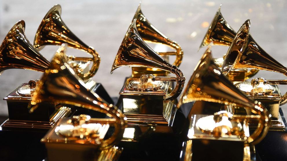 PHOTO: Grammy trophies sit in the press room during the 60th Annual Grammy Awards, Jan. 28, 2018, in New York. 