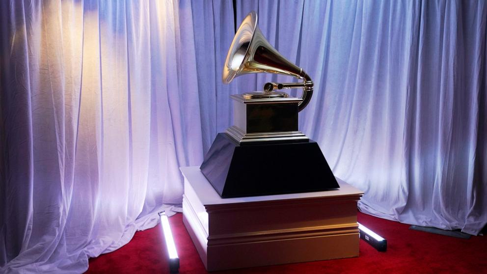 PHOTO: A view of a Grammy statue appears in the press room at the 65th annual Grammy Awards on Feb. 5, 2023, in Los Angeles. 