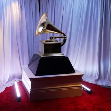 PHOTO: A view of a Grammy statue appears in the press room at the 65th annual Grammy Awards on Feb. 5, 2023, in Los Angeles. 