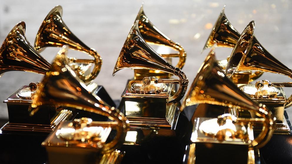 PHOTO: Grammy trophies sit in the press room during the 60th Annual Grammy Awards in New York City, Jan. 28, 2018.