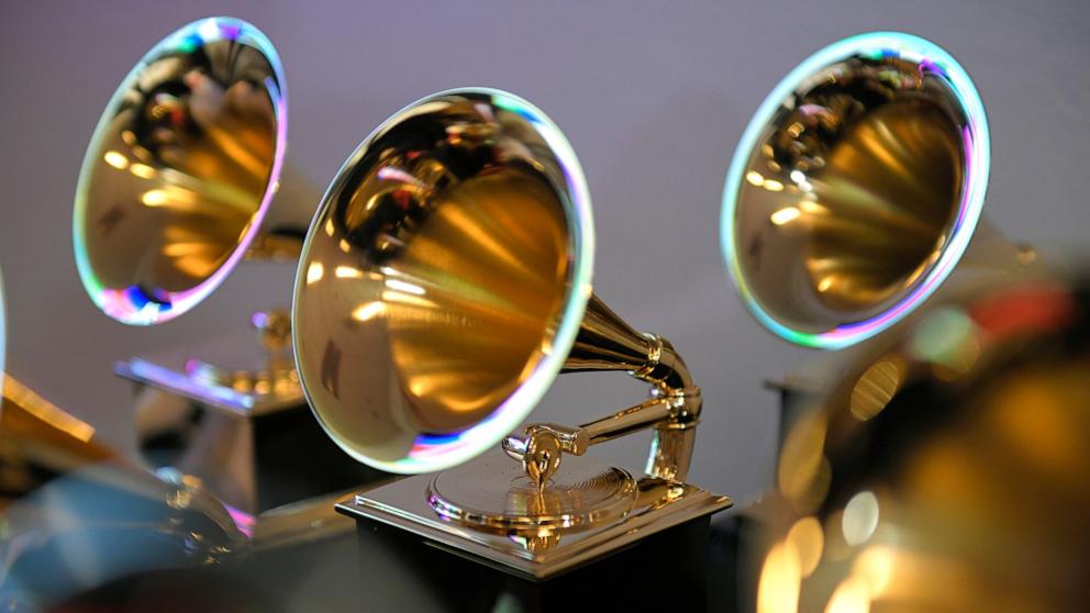 PHOTO: Grammy trophies sit in the press room during the 64th Annual GRAMMY Awards at MGM Grand Garden Arena on April 3, 2022 in Las Vegas.