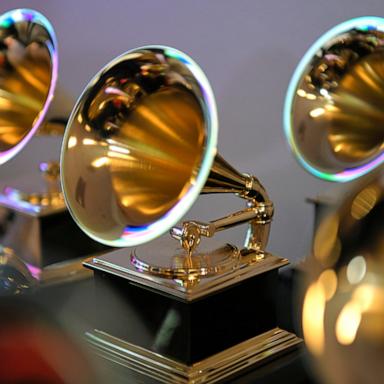 PHOTO: Grammy trophies sit in the press room during the 64th Annual GRAMMY Awards at MGM Grand Garden Arena on April 3, 2022 in Las Vegas.