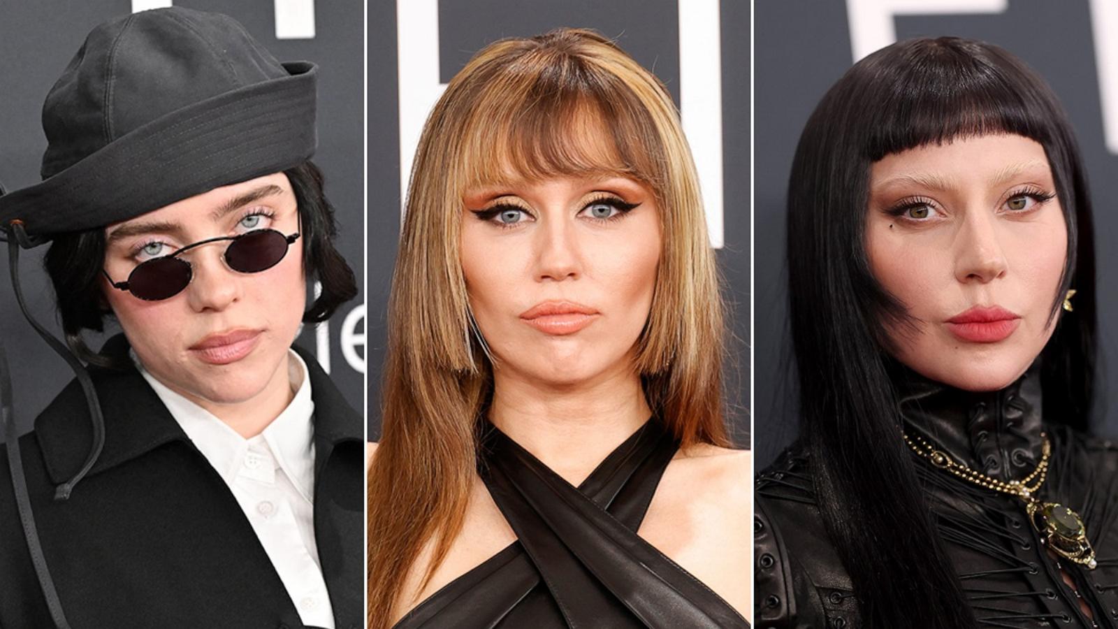 PHOTO: A split image of Billie Eilish, Miley Cyrus and Lady Gaga arriving for the 67th Annual Grammy Awards in Los Angeles, Feb. 2, 2025.