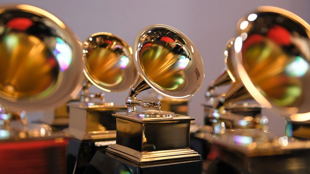 PHOTO: Grammy trophies sit in the press room during the 64th Annual GRAMMY Awards at MGM Grand Garden Arena on April 03, 2022 in Las Vegas, Nevada.