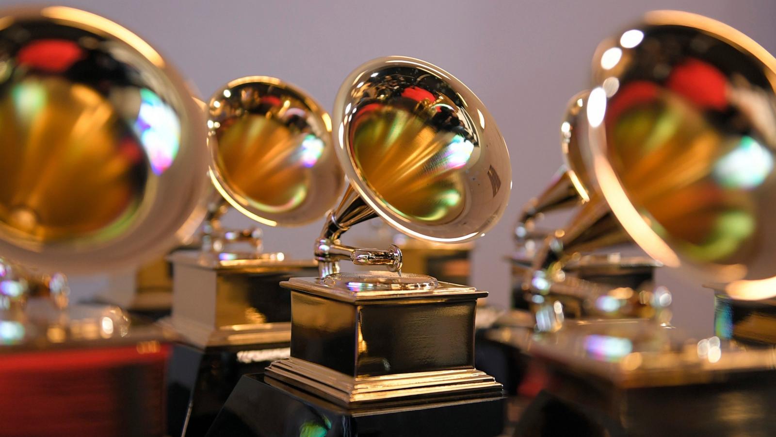 PHOTO: Grammy trophies sit in the press room during the 64th Annual GRAMMY Awards at MGM Grand Garden Arena on April 03, 2022 in Las Vegas, Nevada.
