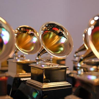 PHOTO: Grammy trophies sit in the press room during the 64th Annual GRAMMY Awards at MGM Grand Garden Arena on April 03, 2022 in Las Vegas, Nevada.