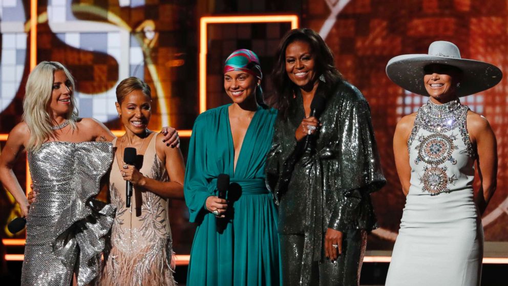 PHOTO: Lady Gaga, Jada Pinkett Smith, Alicia Keys, former first lady Michelle Obama and Jennifer Lopez at the 61st Grammy Awards Show in Los Angeles, Feb. 10, 2019.