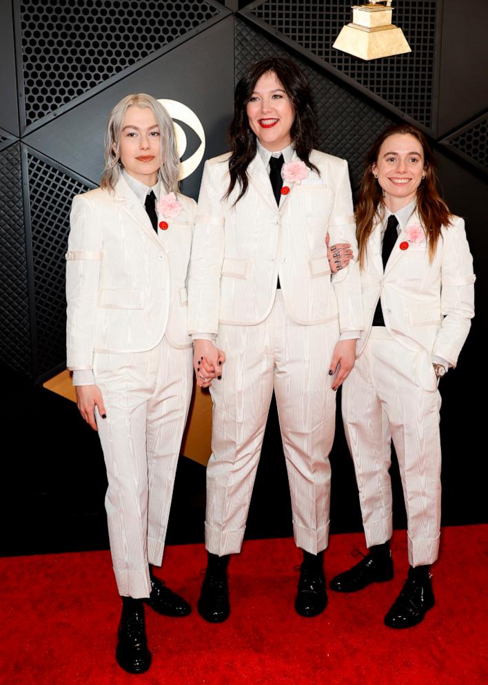 PHOTO: Phoebe Bridgers, Lucy Dacus, and Julien Baker of 'boygenius' attend the 66th GRAMMY Awards at Crypto.com Arena on Feb 4, 2024 in Los Angeles.