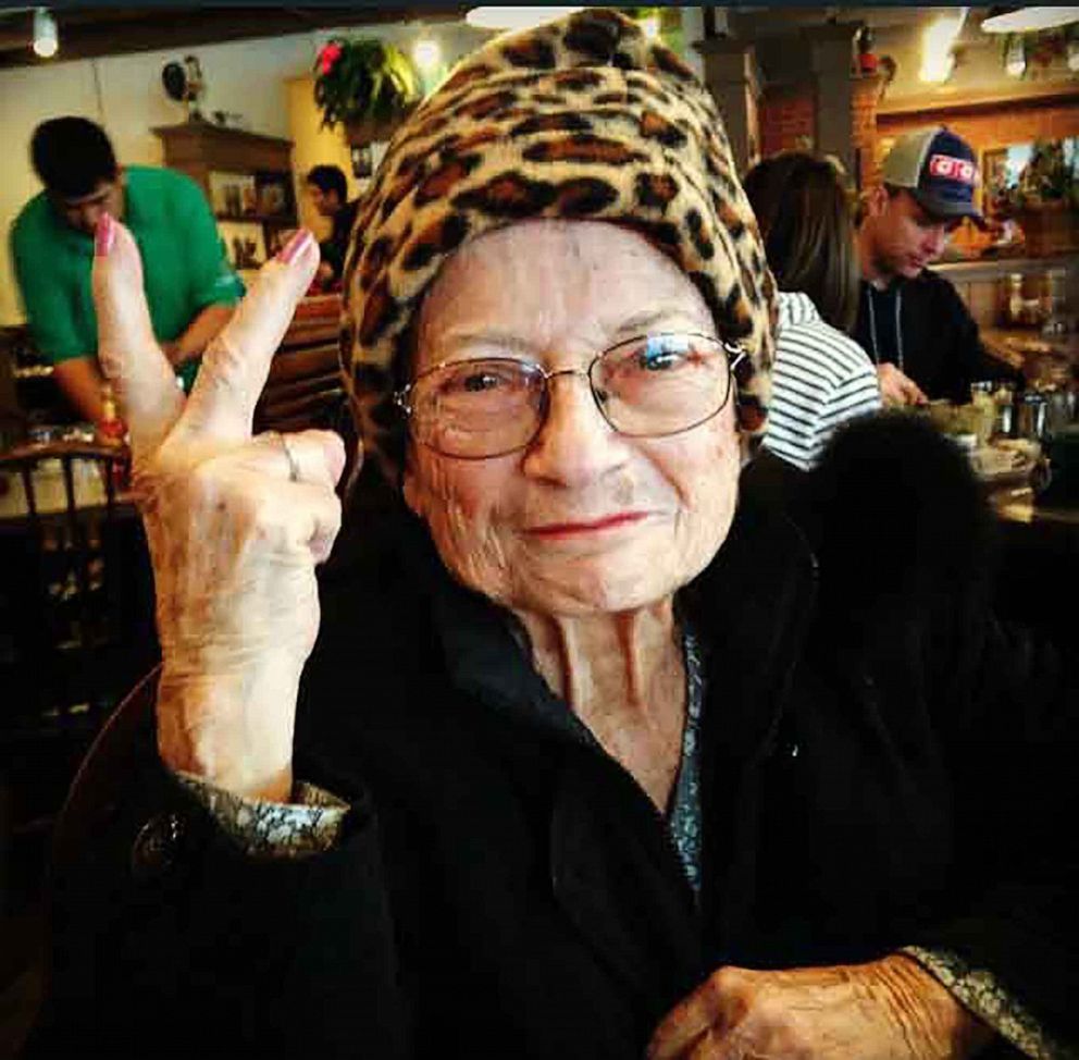 PHOTO: Parks' grandmother Marie Engelking poses with her signature peace sign.