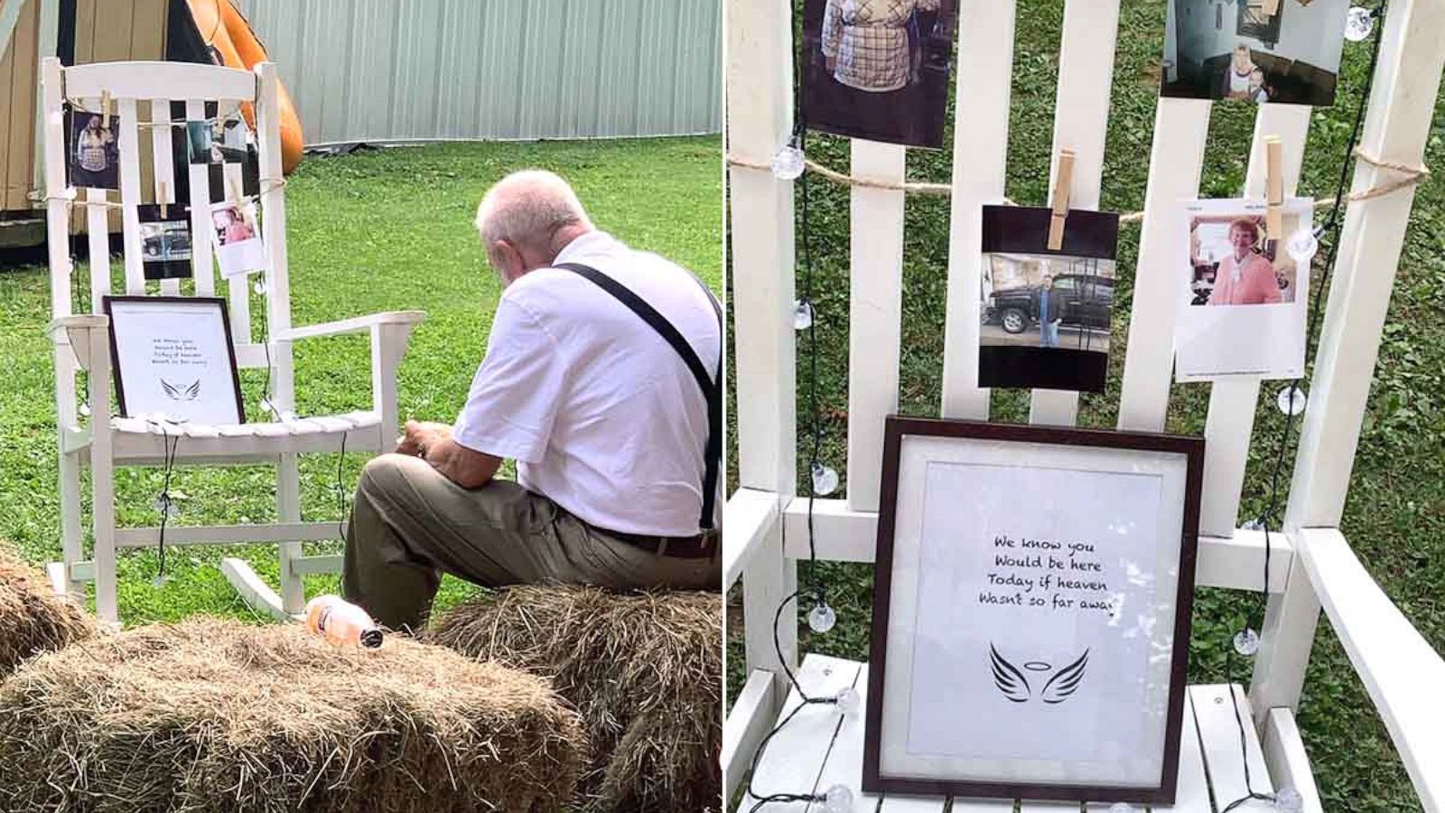 PHOTO: Billy Gray of West Virginia, is seen at his granddaughter Sahrah Elswick's July 6 wedding as he eats a meal beside his late wife Barbara Gray's handmade memorial.