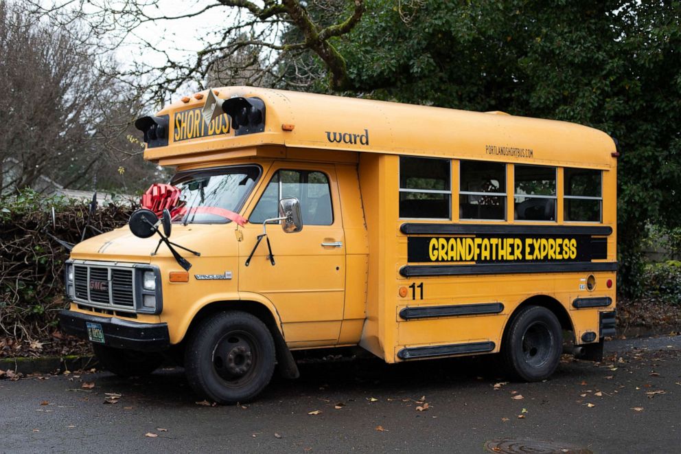 PHOTO: Doug Hayes, 59, of Grafton, Oregon, surprised his 10 grandkids with a school bus so he can drive them to school each day.