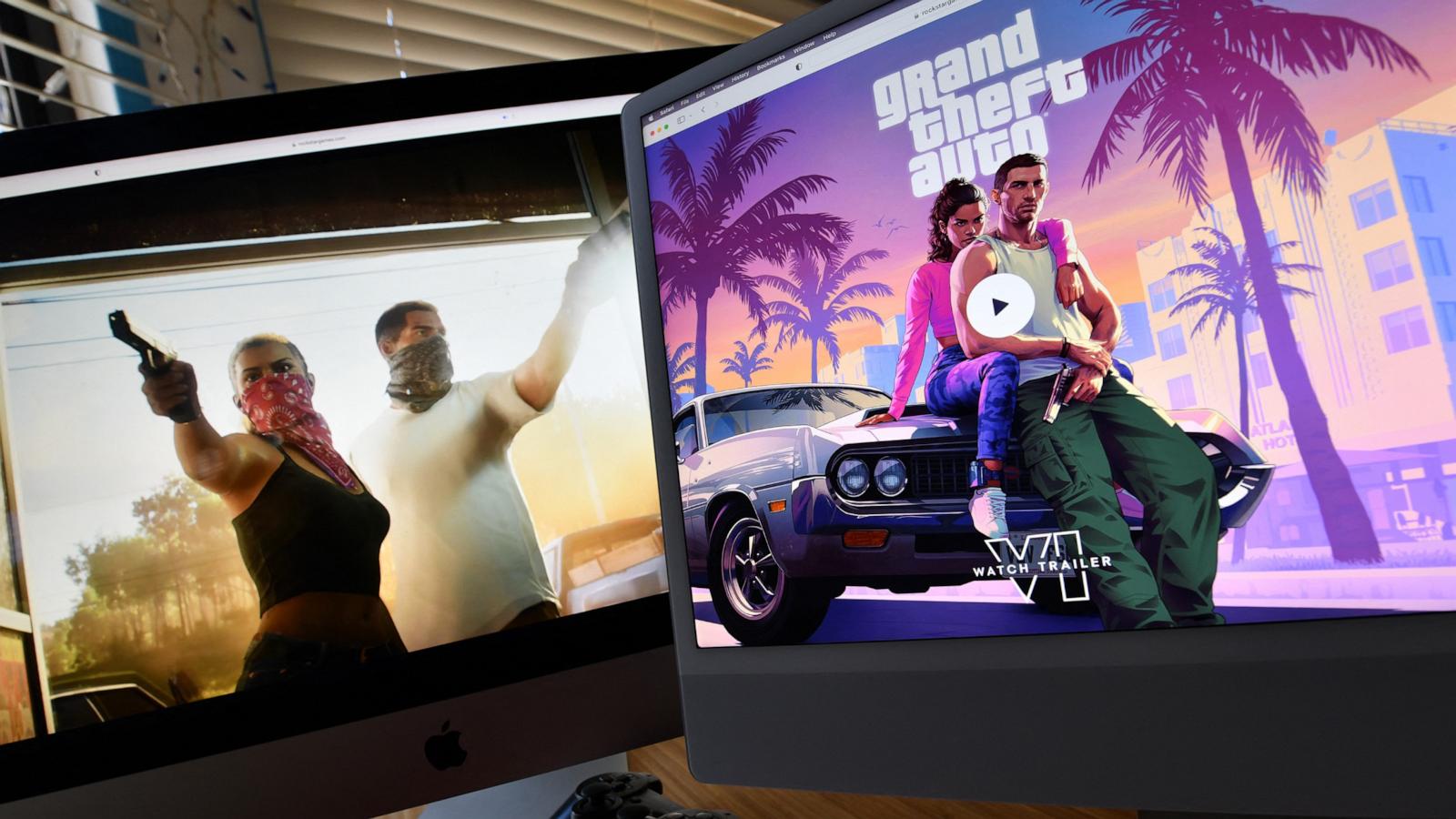 PHOTO: This illustration photo created in Los Angeles, Dec. 5, 2023, shows Rockstar Games' Grand Theft Auto 6 trailer played on computer screens.