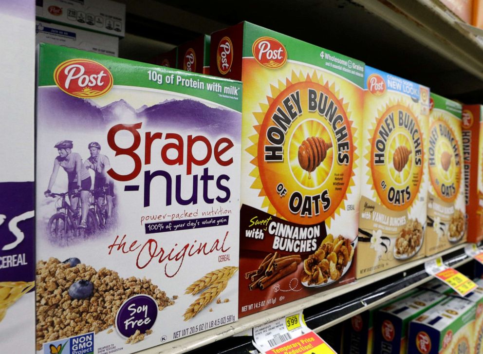 PHOTO: In this Jan. 26, 2015, file photo, Post cereals are displayed at Shaker's IGA in Olmsted Falls, Ohio.
