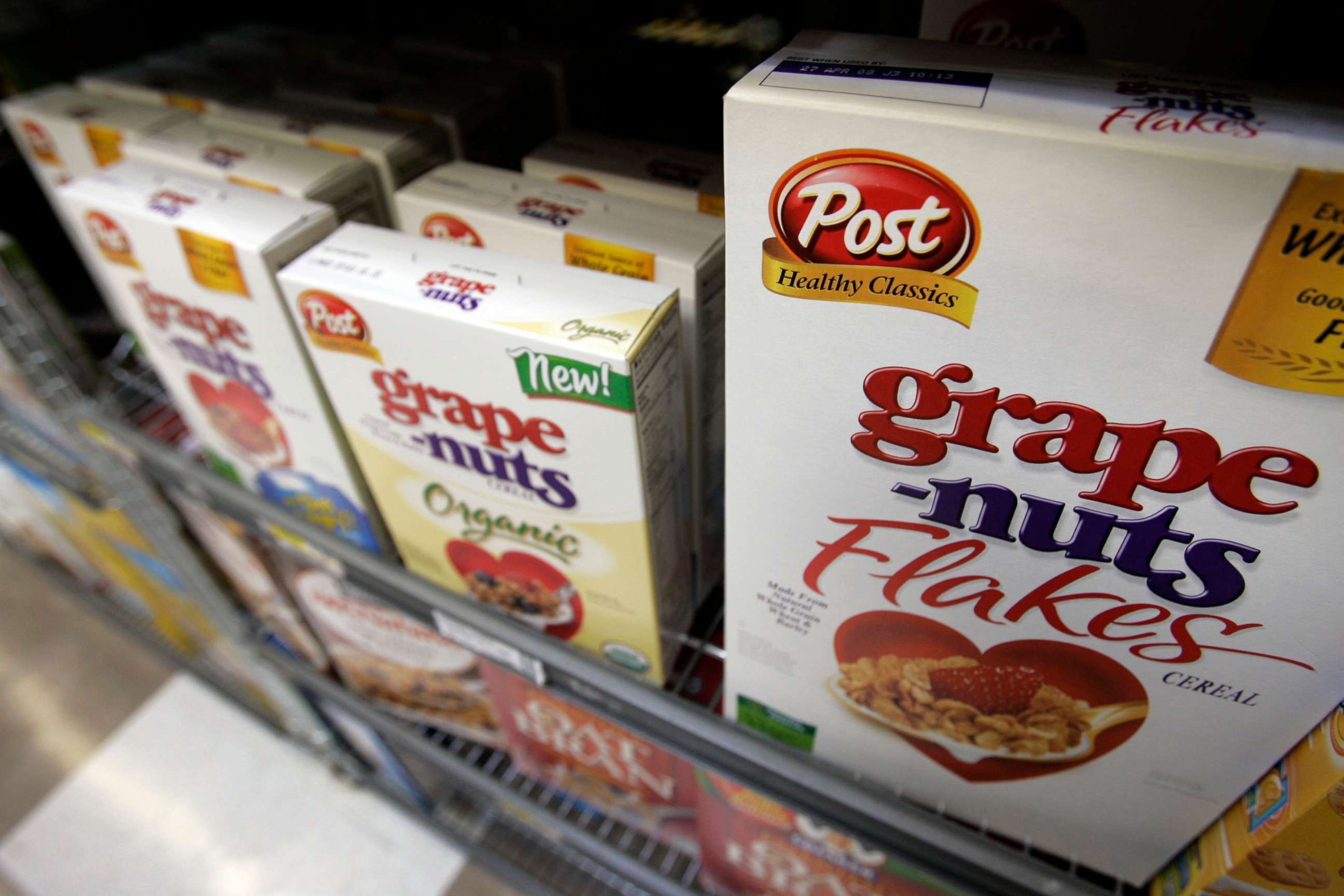 PHOTO: In this Nov. 5, 2007, file photo, Post cereals are seen on display at a grocery store in Palo Alto, Calif.