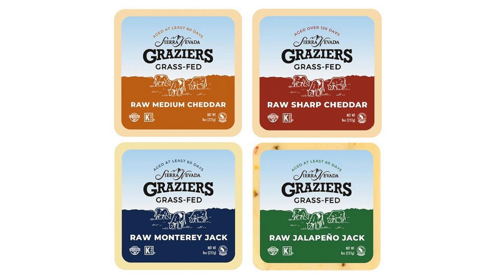PHOTO: Recalled Sierra Nevada Graziers grass-fed raw milk cheeses: medium cheddar, sharp cheddar, jalapeno jack, and Monterey jack sold at retail in 8-oz or 16-oz packages and available to food service customers or wholesalers in 5-lb loaves.