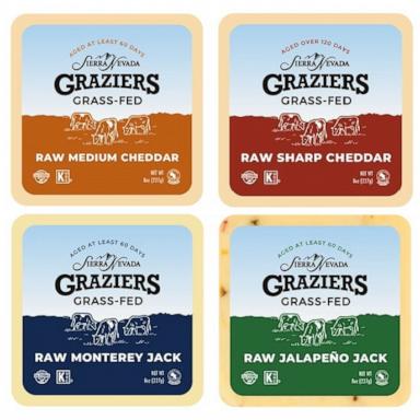 PHOTO: Recalled Sierra Nevada Graziers grass-fed raw milk cheeses: medium cheddar, sharp cheddar, jalapeno jack, and Monterey jack sold at retail in 8-oz or 16-oz packages and available to food service customers or wholesalers in 5-lb loaves.