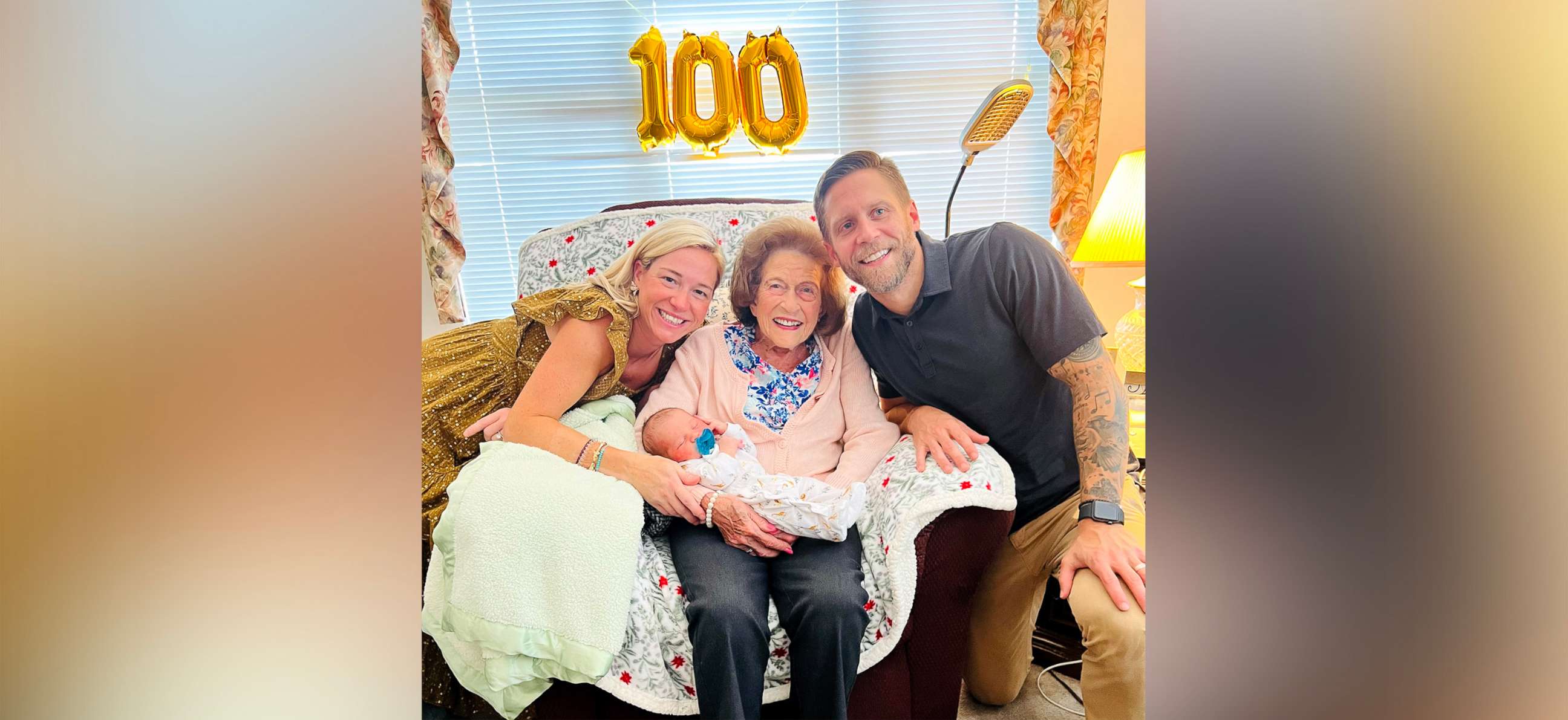 PHOTO: Peg Koller was all smiles meeting her 100th great-grandchild, a baby boy named Koller William Balster, after her late husband, William Koller. The two are pictured here with Koller's parents, Christine Stokes Balster and Patrick Balster.
