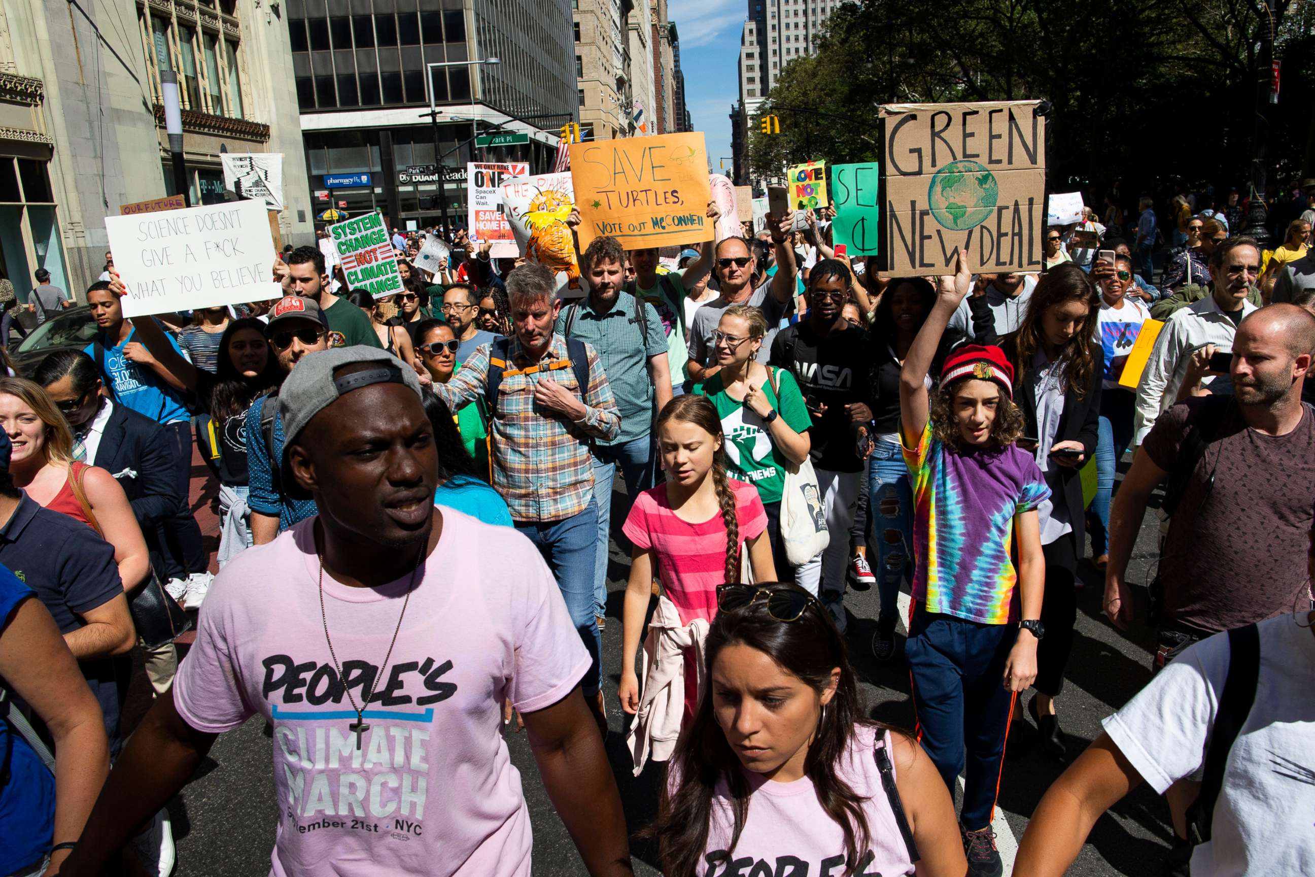 PHOTO: Swedish environmental activist Greta Thunberg, center, takes part during the Climate Strike, Sept. 20, 2019 in New York.