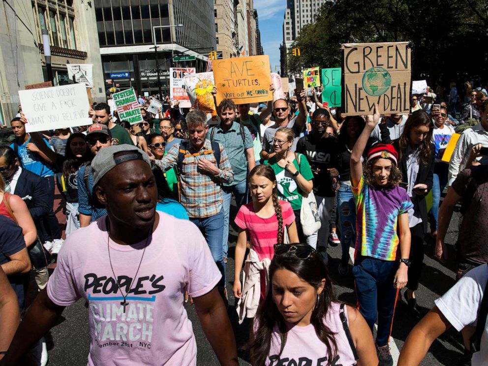 PHOTO: Swedish environmental activist Greta Thunberg, center, takes part during the Climate Strike, Sept. 20, 2019 in New York.