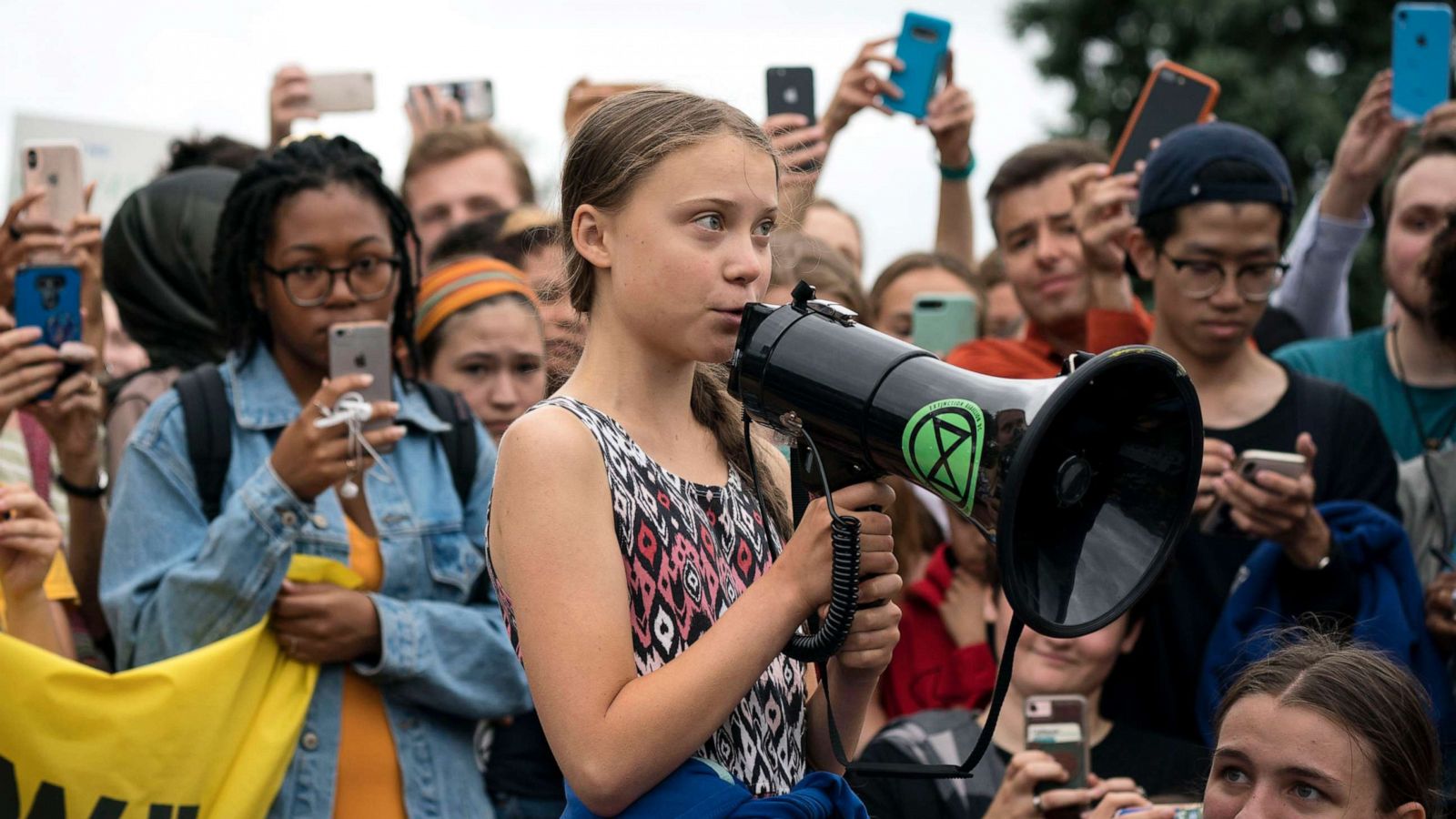 PHOTO: Swedish climate activist Greta Thunberg delivers brief remarks surrounded by other student environmental advocates during a strike to demand action be taken on climate change outside the White House, Sept. 13, 2019, in Washington.