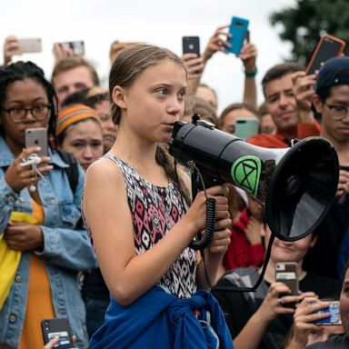 PHOTO: Swedish climate activist Greta Thunberg delivers brief remarks surrounded by other student environmental advocates during a strike to demand action be taken on climate change outside the White House, Sept. 13, 2019, in Washington.