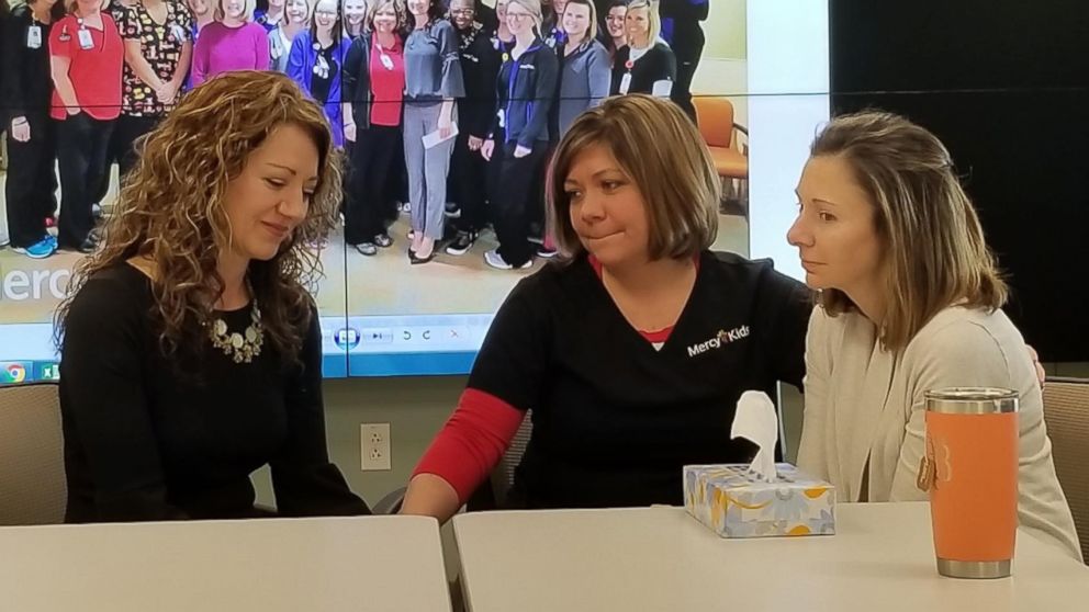 PHOTO: Gretchen Post, left, Stephanie Brinkman, center, and Casey Orellana, right, sit together at Mercy Children's Hospital in Missouri.