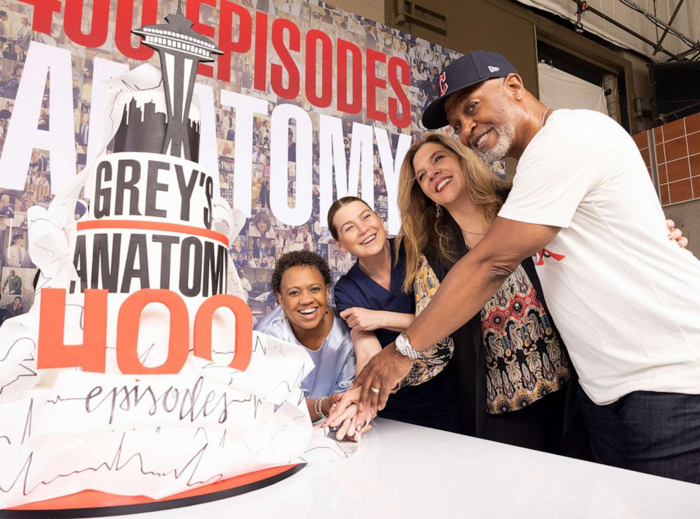 PHOTO: Grey's Anatomy stars Chandra Wilson, Ellen Pompeo and James Picken Jr. celebrate with showrunner Krista Vernoff the 400th episode of TVs longest-running primetime medical drama with a cake-cutting ceremony in Los Angeles, Monday, May 2, 2022.