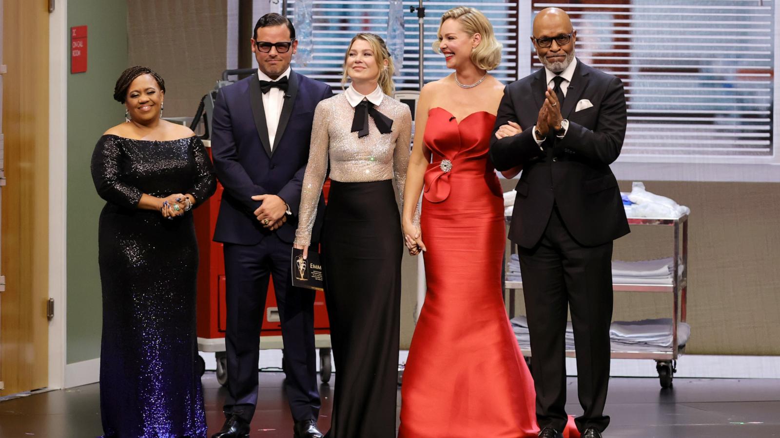 PHOTO: (L-R) Chandra Wilson, Justin Chambers, Ellen Pompeo, Katherine Heigl and James Pickens speak onstage during the 75th Primetime Emmy Awards at Peacock Theater on Jan. 15, 2024 in Los Angeles.