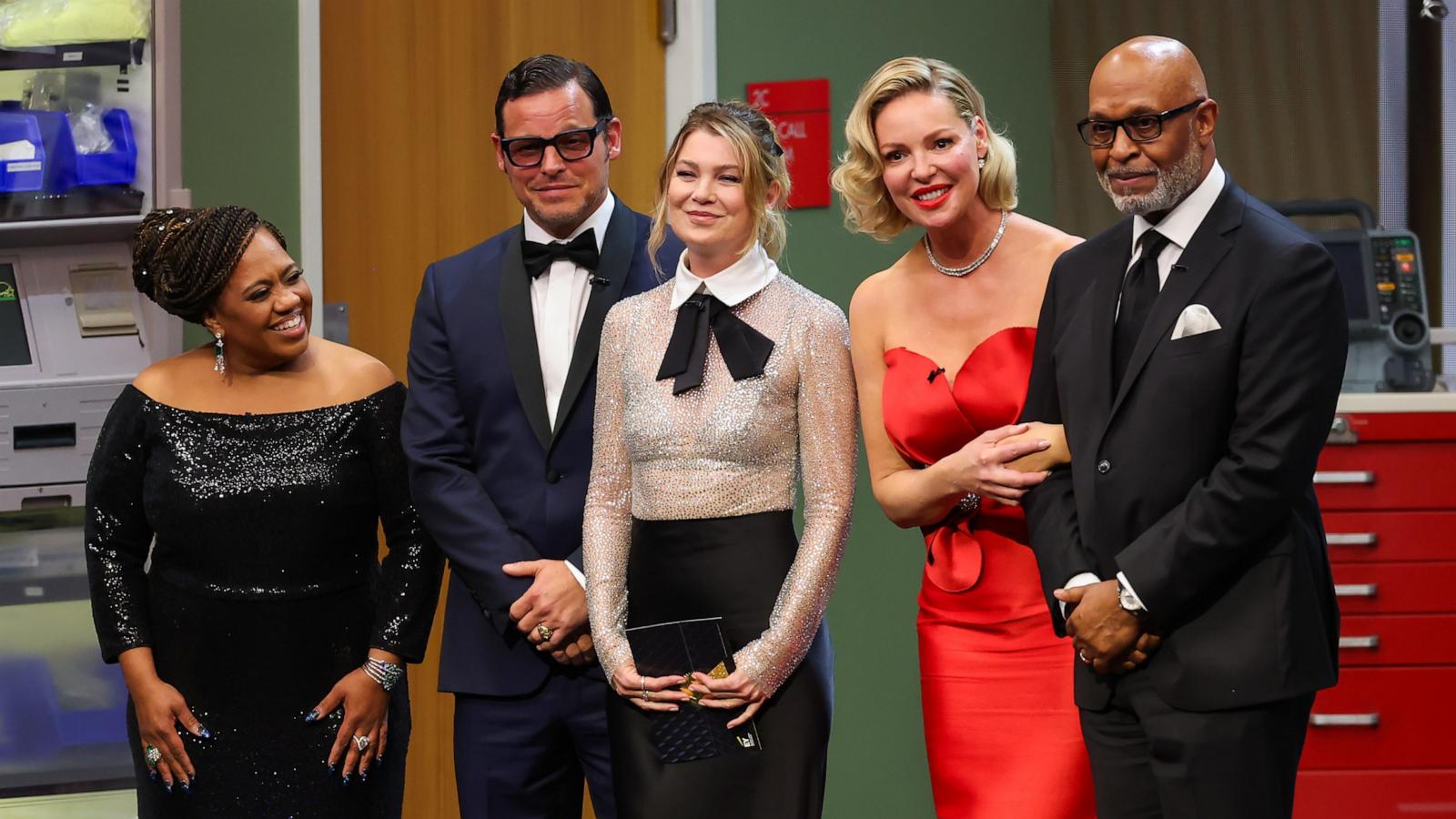 PHOTO: Chandra Wilson, Justin Chambers, Ellen Pompeo, Katherine Heigl and James Pickens Jr. speak onstage during the 75th Primetime Emmy Awards at Peacock Theater on Jan. 15, 2024 in Los Angeles.