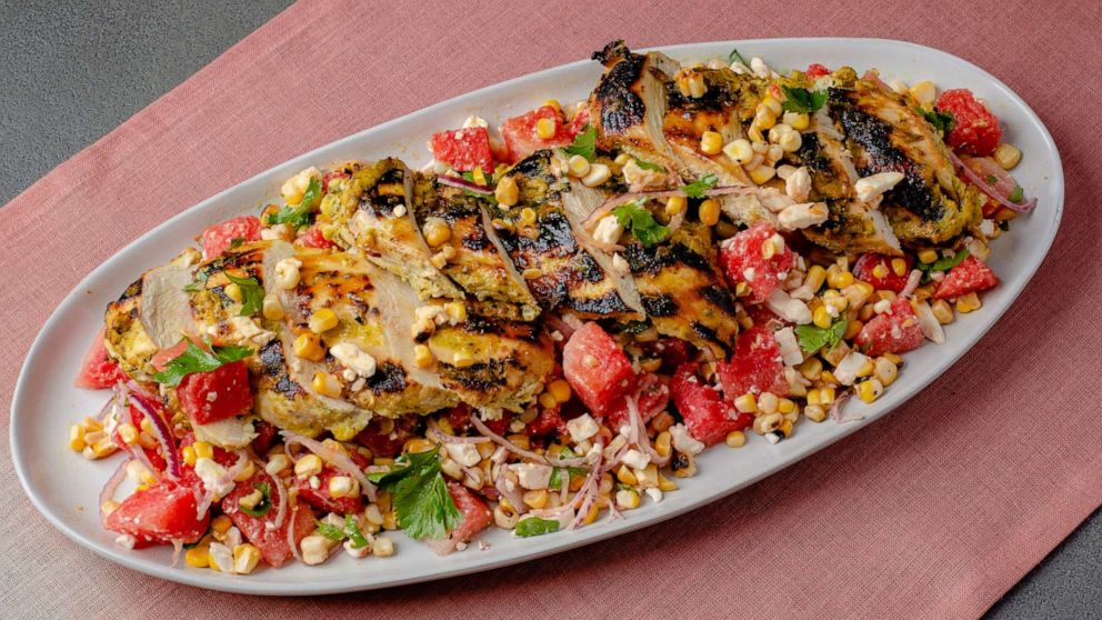 PHOTO: Chilled watermelon salad with grilled chicken breast.