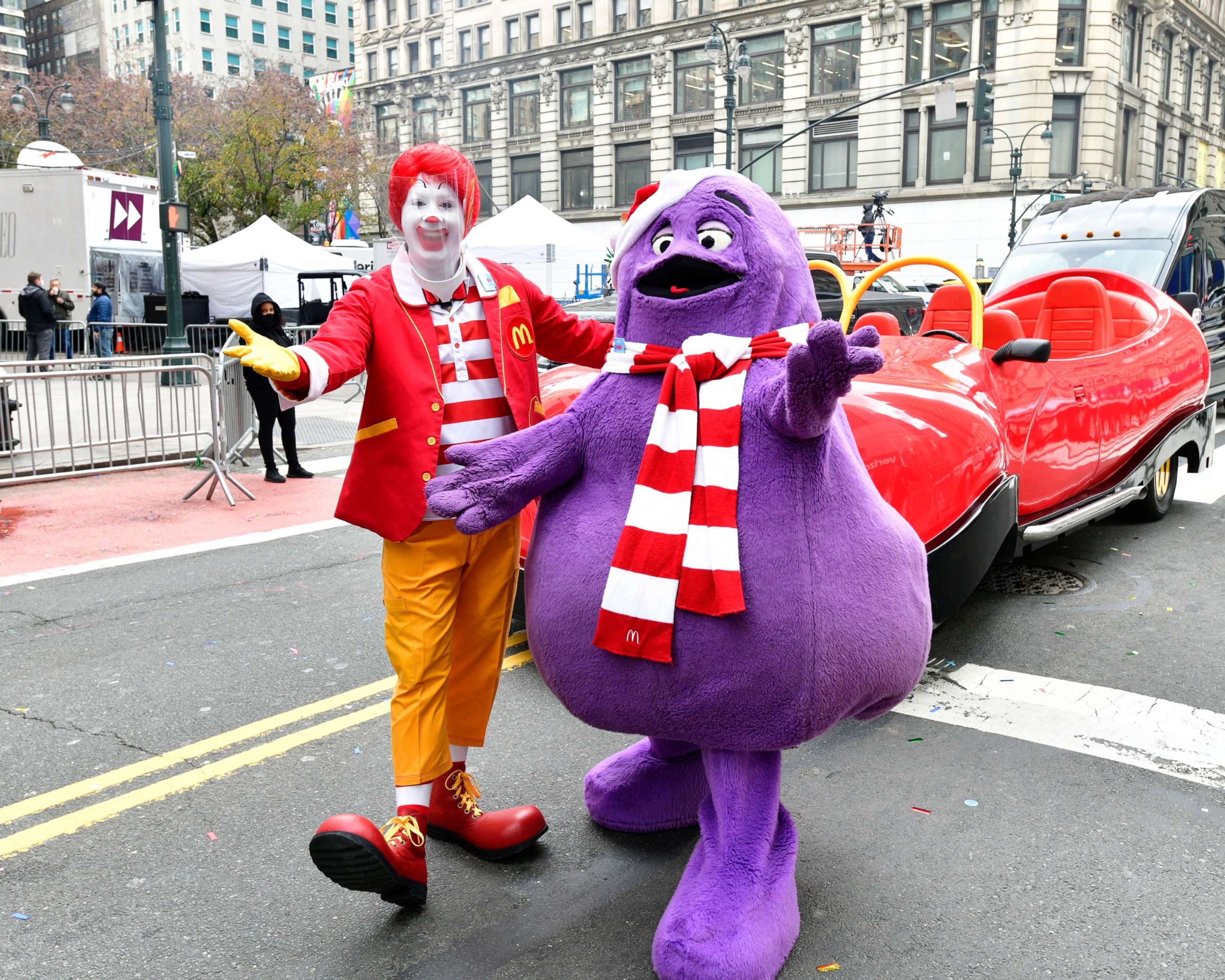 PHOTO: In this Nov. 24, 2020, file photo, Ronald McDonald and Grimace appear in the 94th Annual Macy's Thanksgiving Day Parade in New York.