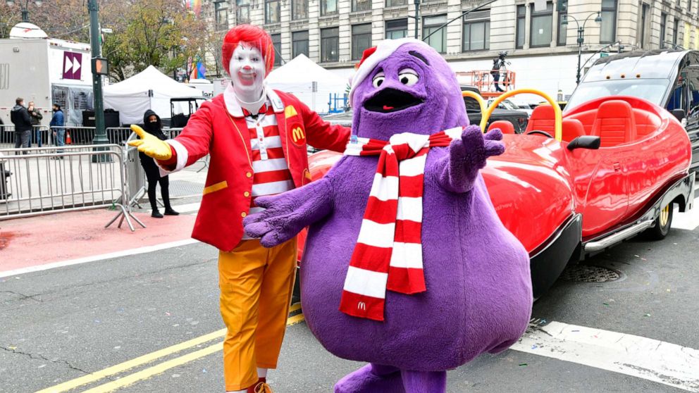 PHOTO: In this Nov. 24, 2020, file photo, Ronald McDonald and Grimace appear in the 94th Annual Macy's Thanksgiving Day Parade in New York.
