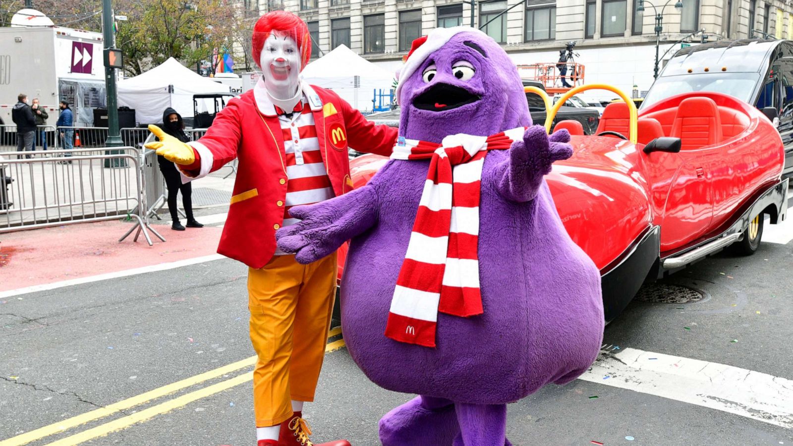 PHOTO: In this Nov. 24, 2020, file photo, Ronald McDonald and Grimace appear in the 94th Annual Macy's Thanksgiving Day Parade in New York.