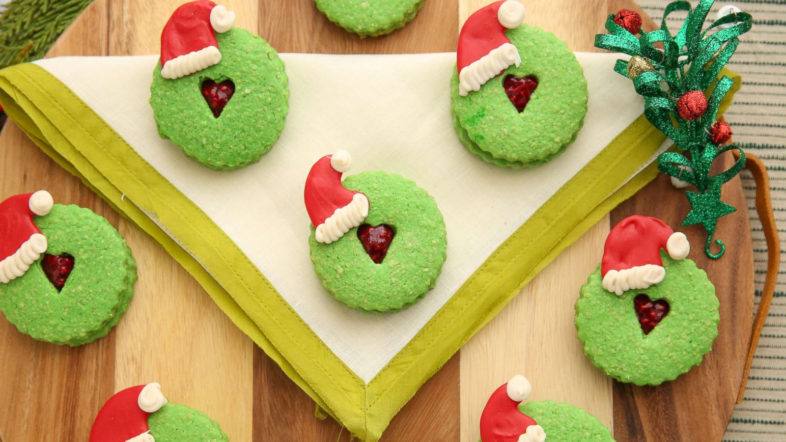 PHOTO: Brit and Co's Grinch Linzer cookies.