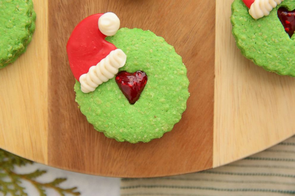 PHOTO: Brit and Co's Grinch Linzer cookies.