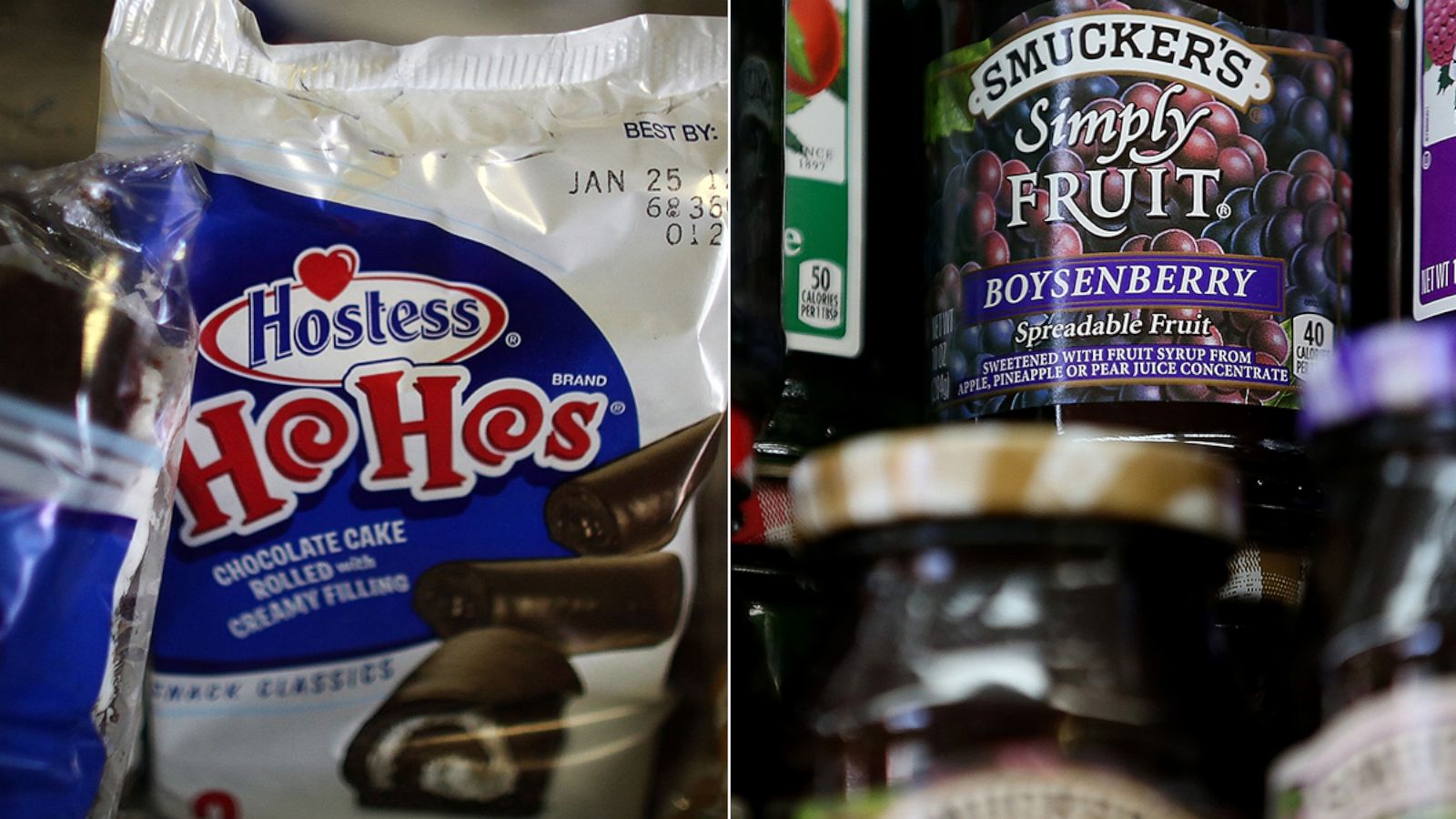 PHOTO: Hostess products are viewed on the shelf at a grocery store, Jan. 10, 2012, in New York. Smuckers fruit products are displayed on a shelf at a grocery store, June 5, 2014, in San Rafael, Calif.