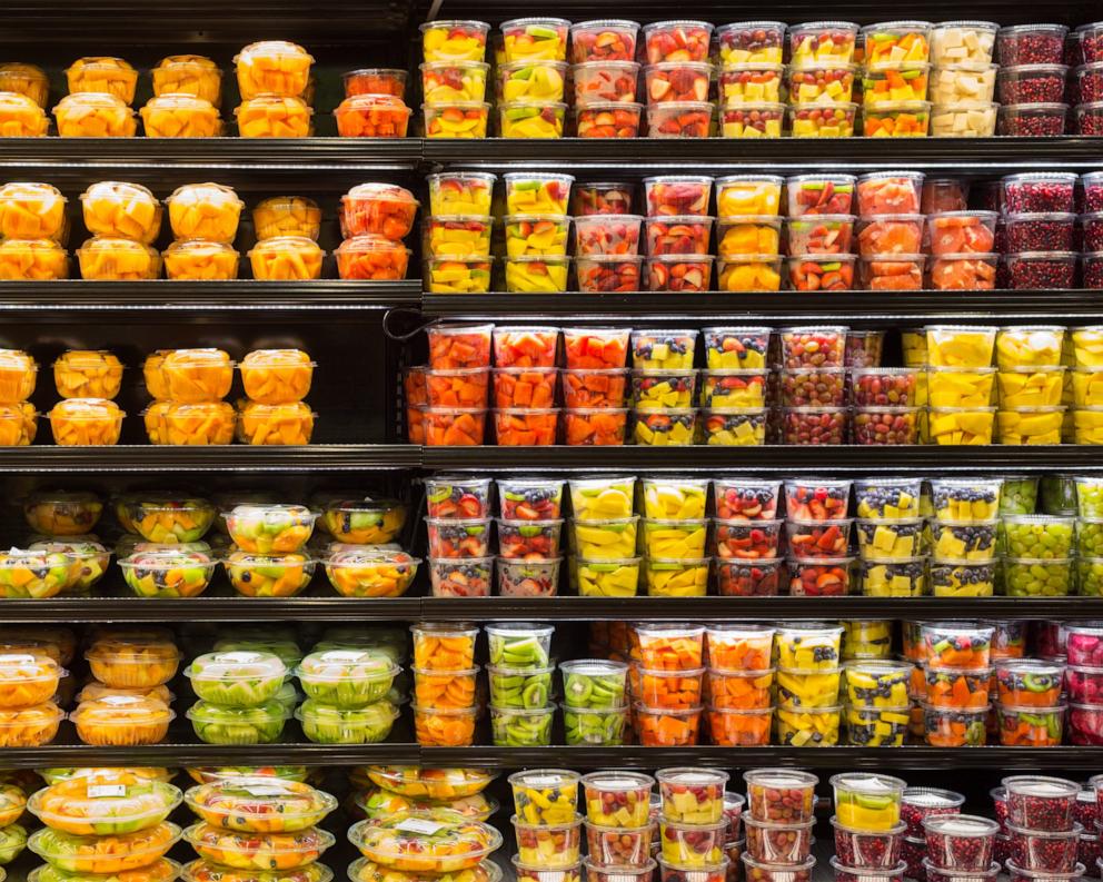 PHOTO: Assortment of cut fruit in containers on display for sale